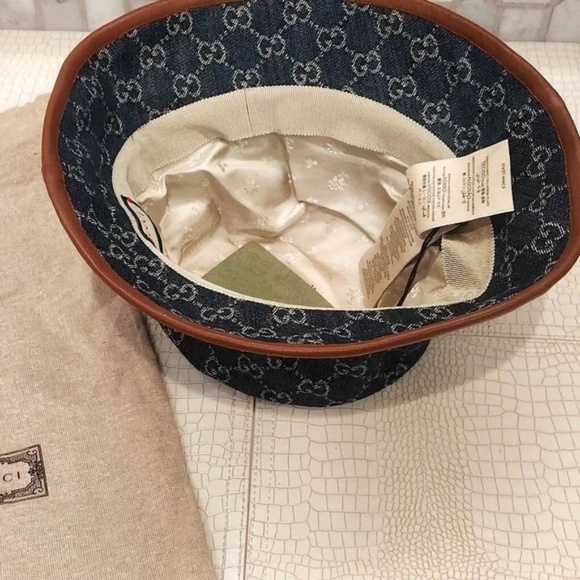 💋Gucci Bucket Hat Blue Denim Beige GG Monogram Logo Leather Trim Size Large*NEW - Picture 4 of 10